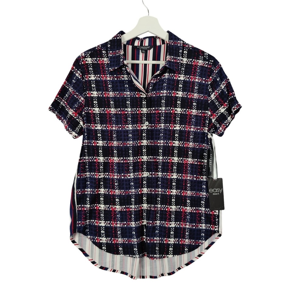 Liverpool Womens Preppy Nautical Patriotic Strip Button Up Shirt S Navy Red NEW